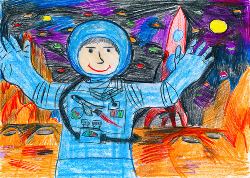 Astronaut exploring the red planet, space concept, child drawing on paper