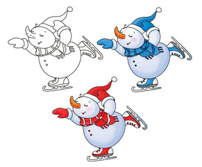 Vector happy skating snowman cartoon.