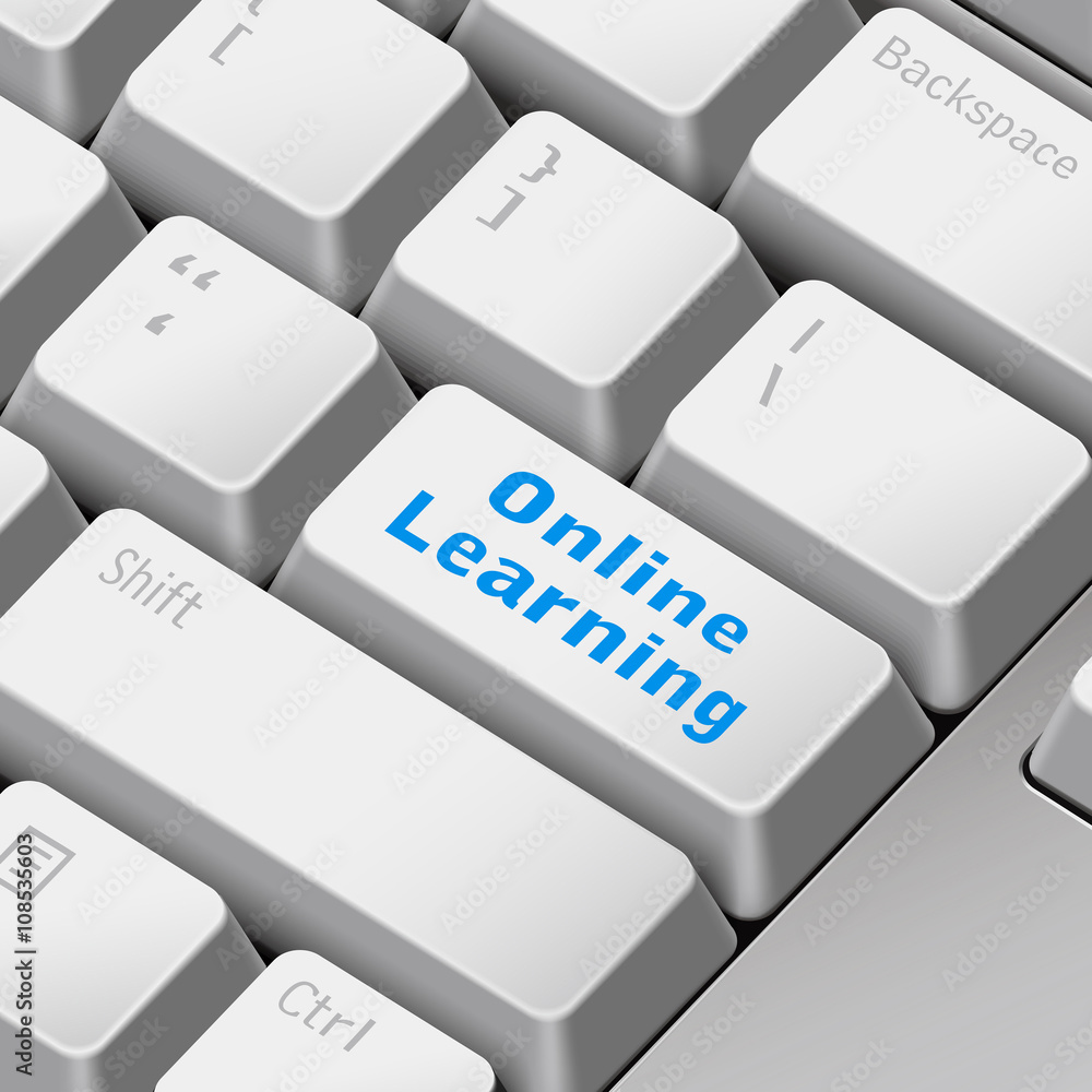 Poster online learning concept with 3d computer keyboard