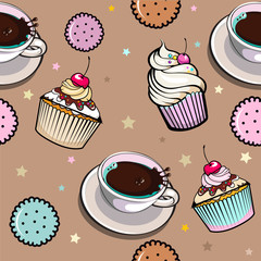 pattern with cup coffee and cakes
