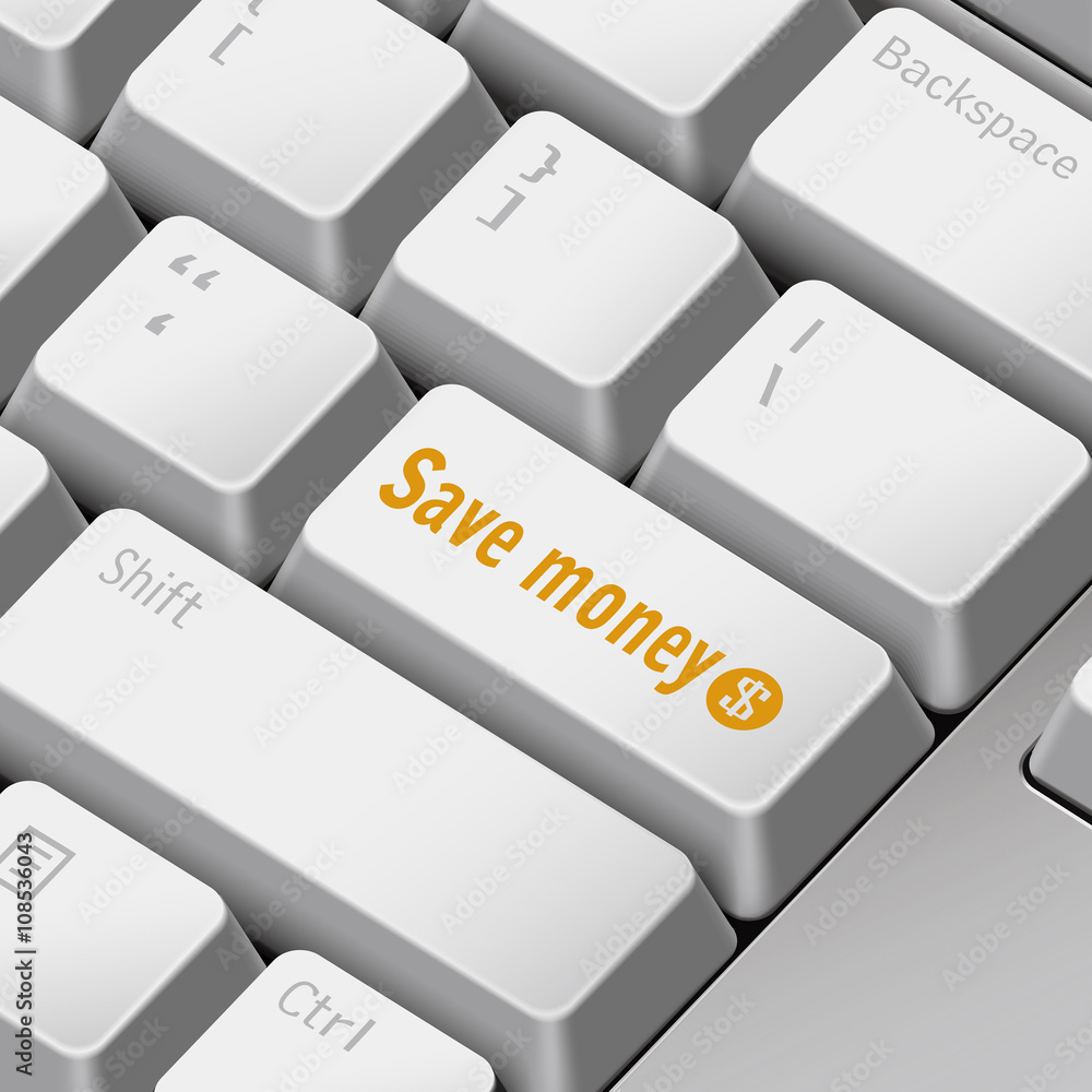 Aufkleber save money concept with 3d computer keyboard