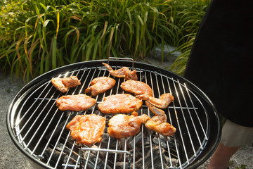 Chicken wings and stakes on a BBQ grill