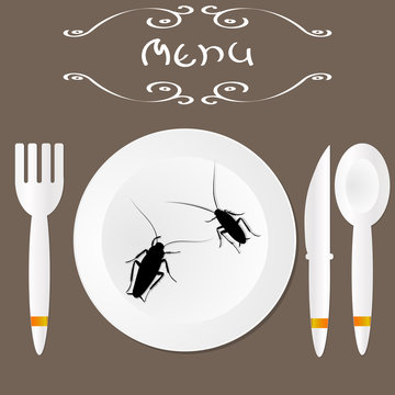 Cockroaches On A Plate In A Restaurant. Cockroaches Menu. Vector