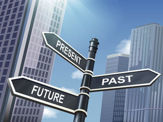 3d road sign saying present and past and future