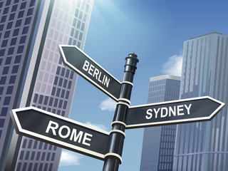 3d road sign saying berlin and rome and sydney