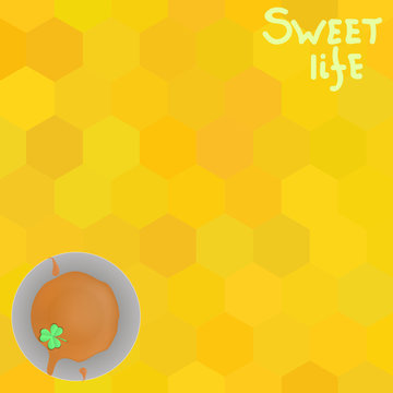 Bucket with honey and clover leaf on a background of honeycombs.