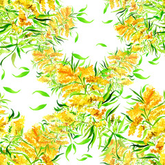 Vintage pattern. Yellow garden flowers on a branch in watercolor. Mimosa