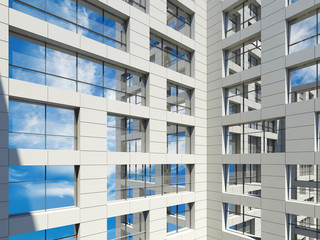Modern architecture, windows with cloudy sky