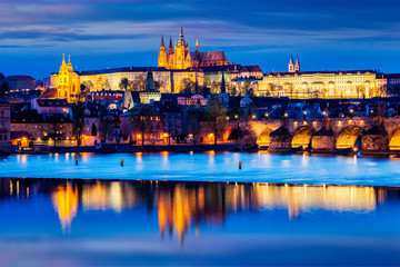 View of Charles Bridge and Prague Castle in twilight