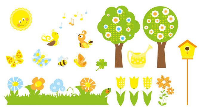 set of cute cartoon nature objects : flowers, singing birds, flying, butterflies, bee, blooming trees, birdhouse,  / collection of vectors for children 