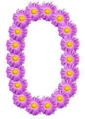 number 0 composed of colors purple asters. Isolated on white bac