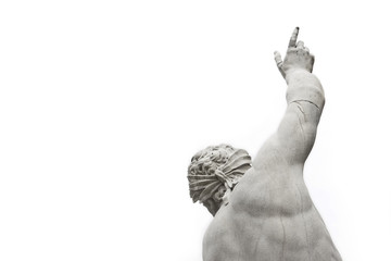 Statue of a man pointing to the sky on white background - concep inage
