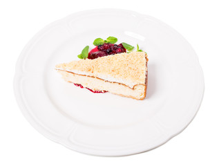 Traditional cheesecake with berry jam.