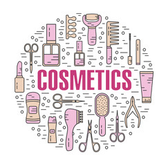 Vector modern line style color illustration of beauty, makeup and cosmetics products. Perfume bottle, shampoo, lipstick, lip gloss, nail polish, brushes, deodorant, brush. Round shape icons set.