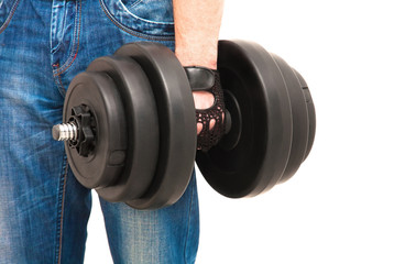 The man standing with dumbbells