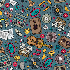Naklejka premium Cartoon hand-drawn musical instruments seamless pattern