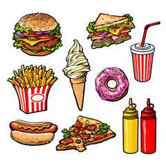 set fast food meal, vector sketch hand-drawn elements of fast food, ice cream burger, sandwich, soda lemonade, ponchos, pizza hot dog french fries, sauces, ketchup and mustard, fast food ready icons