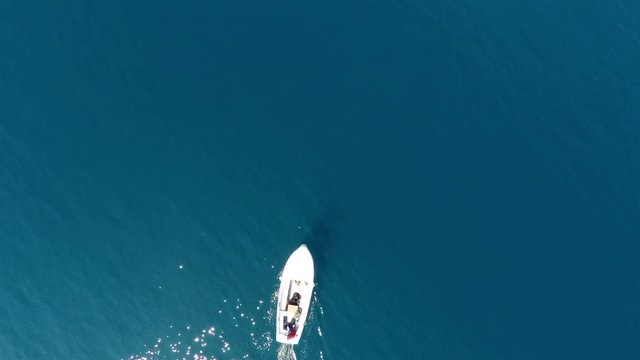 Small fishing boat on blue sea aerial view