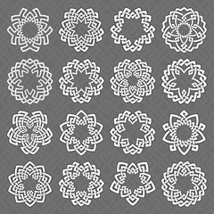 Set of round frames. Sixteen pentagonal decorative elements with stripes braiding for your logo or monogram design. Mandalas collection of white lines with black strokes on gray background.