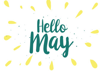 Hello may inscription. Greeting card with calligraphy. Hand drawn design. Black and white. - obrazy, fototapety, plakaty