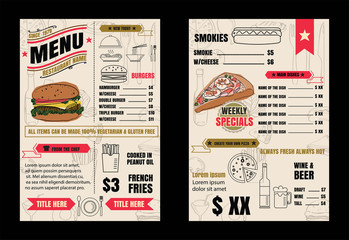 Restaurant menu design elements with chalk drawn food and drink