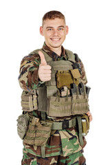 soldier or private military contractor gesturing thumbs up. war, army, weapon, technology and people concept. Image on a white background.