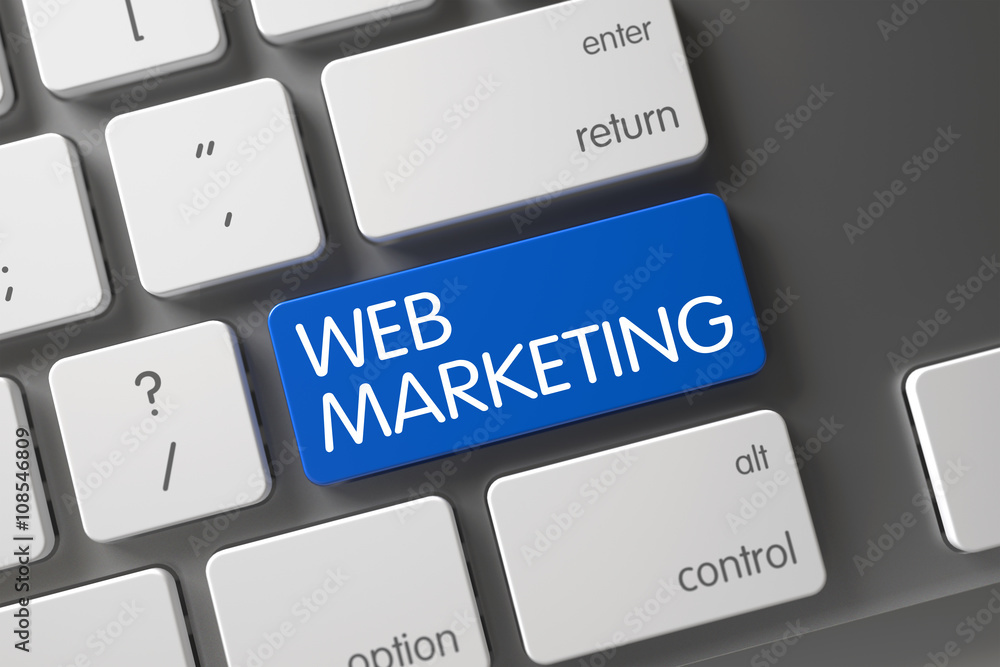 Poster blue web marketing button on keyboard. modern laptop keyboard with the words web marketing on blue k