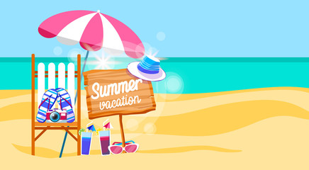 Summer Beach Vacation Set Sunbed With Umbrella Sand Tropical Banner Copy Space