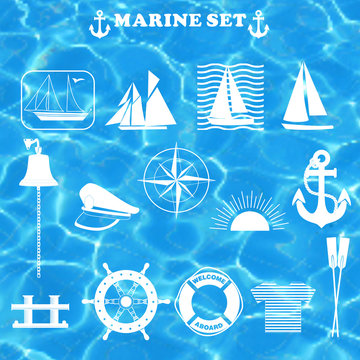 marine set white elements on water background.vector illustration