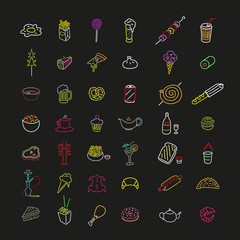 Neon icon set of food and drink. Doodle. Sketch. 