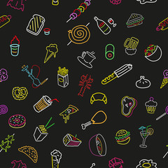 Seamless pattern with neon icons of food and drink. Doodle. Vector. Isolated