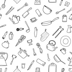 Seamless pattern with kitchenware. Doodle. Vector. Isolated