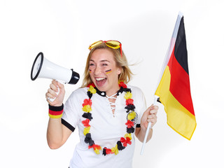 Girly soccer fan shouting loud through megaphone