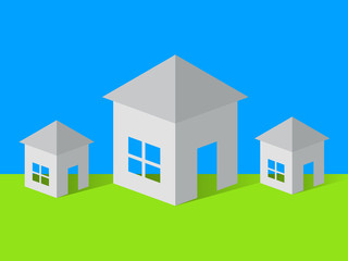 One big and two small vector houses on green and blue background