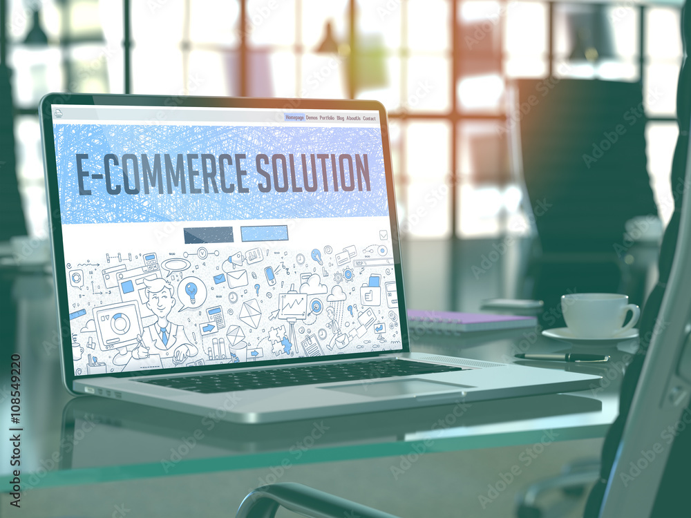 Poster e-commerce solution concept. closeup landing page on laptop screen in doodle design style. on backgr