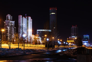 Fototapeta na wymiar Yekaterinburg city center night winter lights deserted