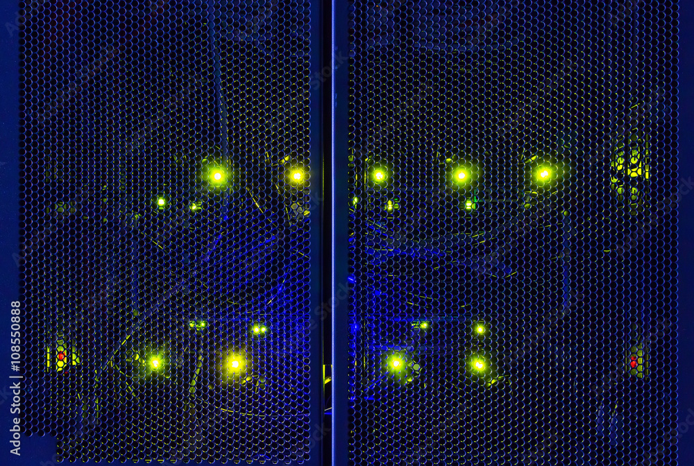 Poster rear of the rack server switching equipment illuminated from within