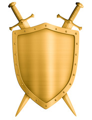 gold medieval knight shield and crossed swords isolated