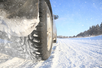 Car winter road snow forest tour