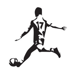 Soccer player vector silhouette, running man kicking ball, footb