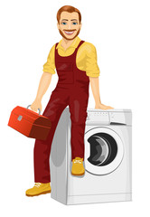 repairman holding a toolbox sitting on a washing machine