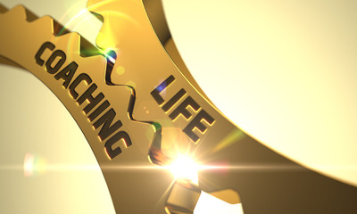 Life Coaching on the Mechanism of Golden Metallic Cogwheels. Life Coaching - Concept. Life Coaching on Mechanism of Golden Gears with Glow Effect. 3D Render.