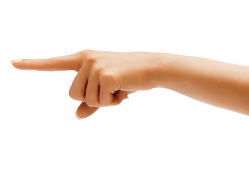 Woman's hand points a finger at something isolated on white background. High resolution product. Close up