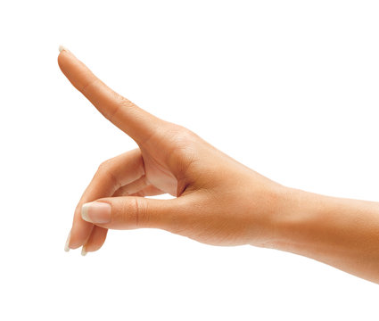 Woman's hand touching or pointing to something isolated on white background. Close up