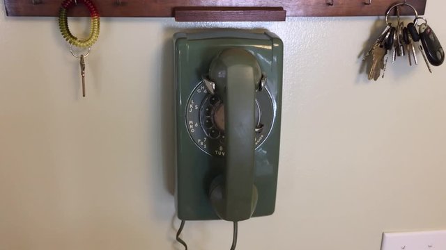 Answering a ringing rotary phone that is wall mounted.