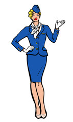 Blonde stewardess. stewardess in blue uniform. Waitress shows up on the information. Image stewardess on a white background. Empty space for information. Stewardess in blue suit and gloves
