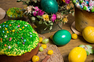 Easter celebrating family dinner, color eggs, cakes, fruit tea, sweets