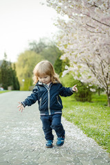 Naklejka premium Little boy an blooming tree