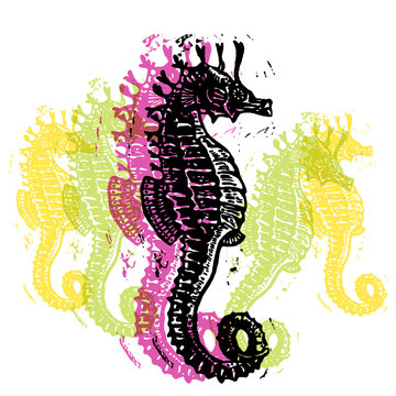 Vector Sea Horses in abstract composition.