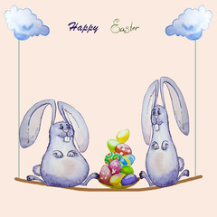 Easter bunny with a basket of colored eggs in the swing